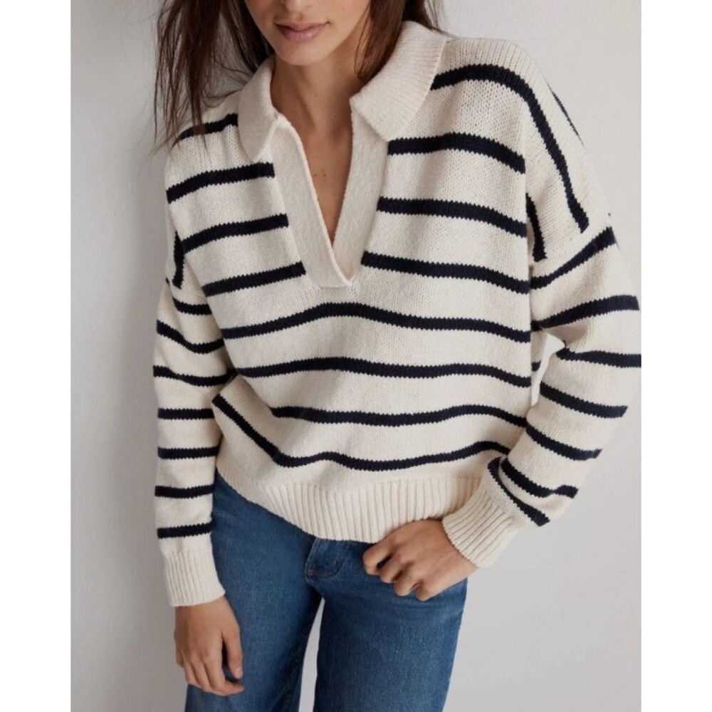 Madewell Dedham Stripe Johnny Collar Ink Ivory Striped Polo Sweater Sz M Preppy